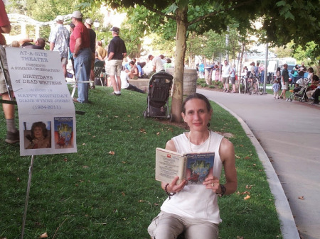 monika gross of at-a-site theater reading diane wynne jones at shindig on the green august 16 2014 asheville nc.jpg